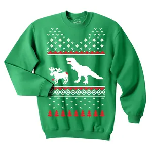 T-Rex Attacking Moose Christmas Ugly Sweater Funny Holiday Hilarious Adult Humor Funny Sweater Christmas Crew Neck Funny Dinosaur Long Sleeve Crew Novelty Sweatshirts for Men Green