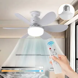 E27 Socket Fan Light with Remote, 20'' Screw in Ceiling Fans with Lights, 3 Speeds 3 Color Light Bulb Fan 3000-6500K Dimmable, Small Ceiling Light for Bedroom Living Room, Easy Installer