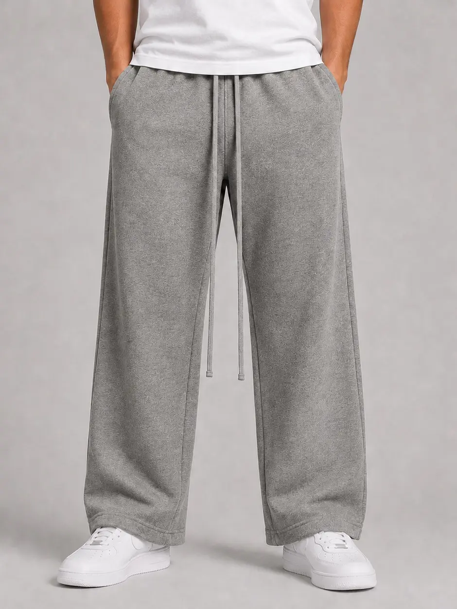 Men's Uncuffed Dark Gray Sweatpants, Casual Straight Leg Lounge Pants with Drawstring Elastic Waist & Side Pockets, Solid Color Gym Workout Streetwear Pants Menswear