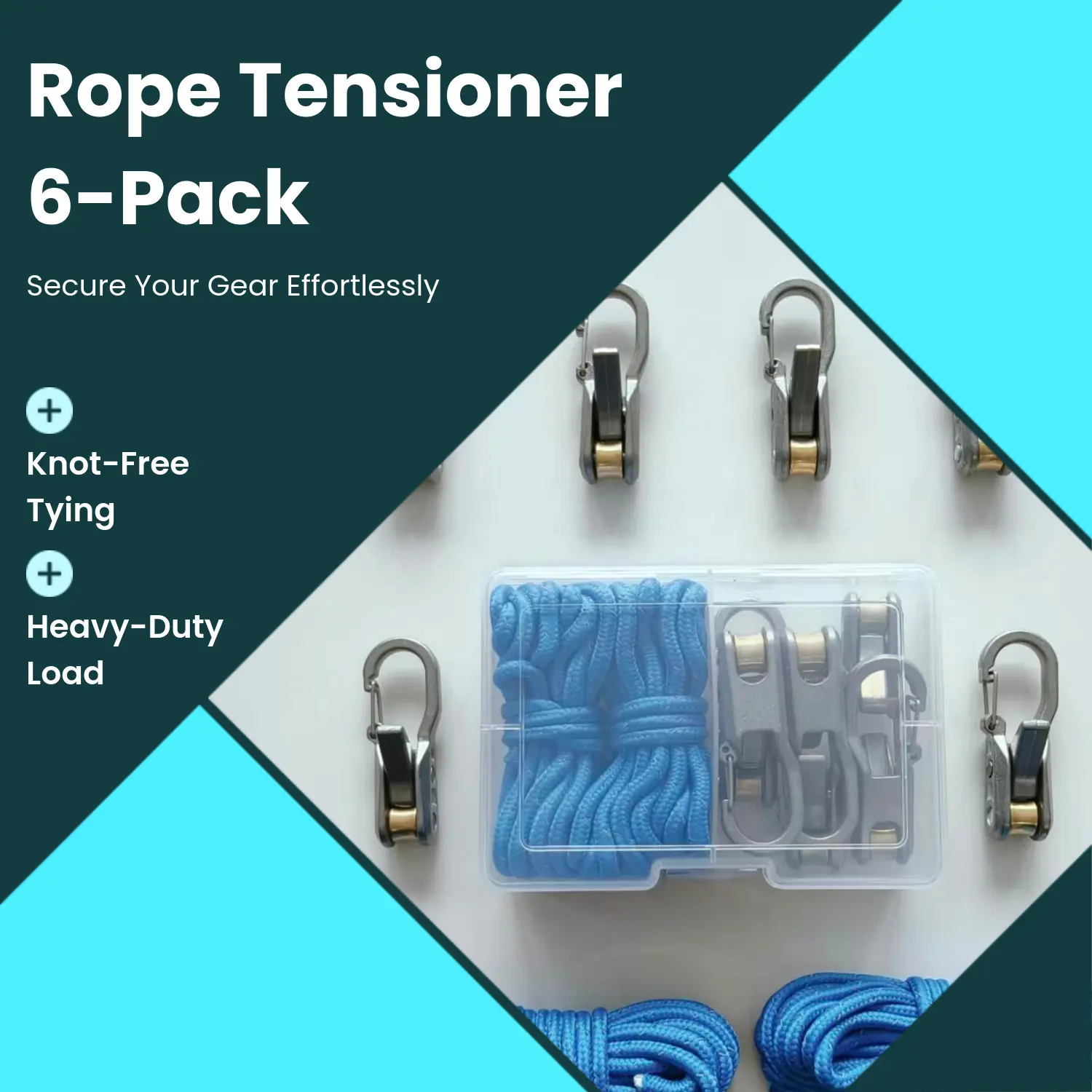 6-Pack Compact Outdoor Rope Tensioners with Alloy Buckle & Brass Roller, 115lb All-Weather Retractable Rope Tightening Tools for Camping Tent Building, Tarp Tie Downs (Outdoor Gadgets for Enthusiasts), Tent Securing