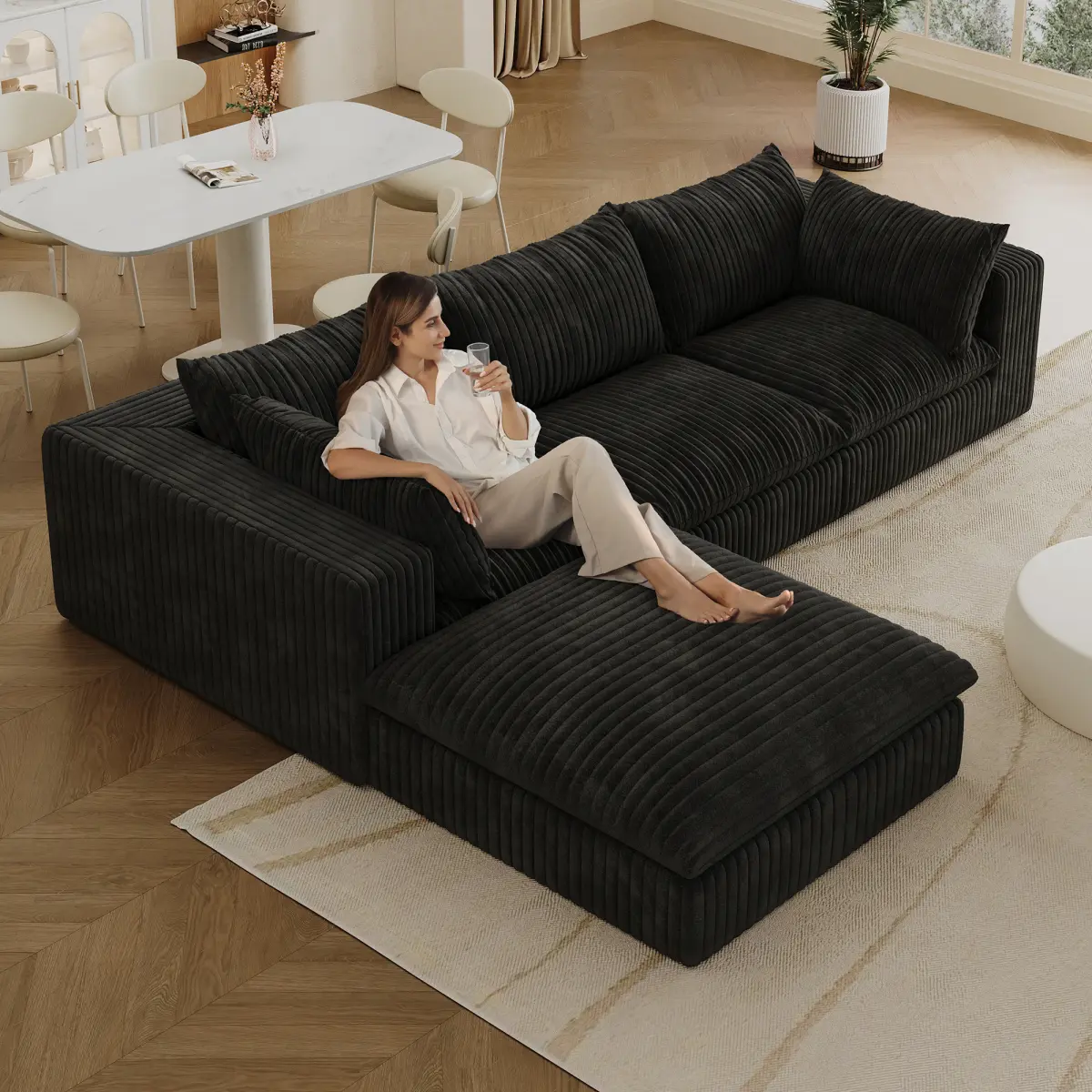 118.2" Cloud Sofa Corduroy Deep Seat Couches Double-layer design,Removable Cushion,No Assembly, DIY Combination for Living room, Bedroom,Conference room ,Apartment,Black