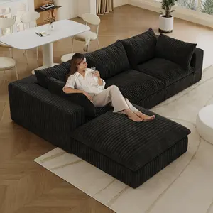 118.2" Cloud Sofa Corduroy Deep Seat Couches Double-layer design,Removable Cushion,No Assembly, DIY Combination for Living room, Bedroom,Conference room ,Apartment,Black