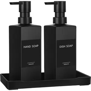 GMISUN Kitchen Soap Dispenser Set, Hand and Dish Soap Dispensers, 12 fl oz/350 ml Black Soap Dispenser with Tray, Glass Dish Dispenser for Kitchen, Liquid Hand Soap and Lotion Bottle Set for Bathroom