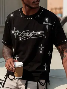 Unisex Y2K Rhinestone Cross T-Shirt, Gothic Streetwear with Glitter Text and Distressed Ribbon Hem, Punk and Alternative Style