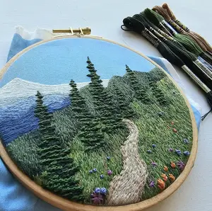 DIY Landscape hand embroidery kit "Happy Trails", intermediate mountain embroidery project with online video tutorial