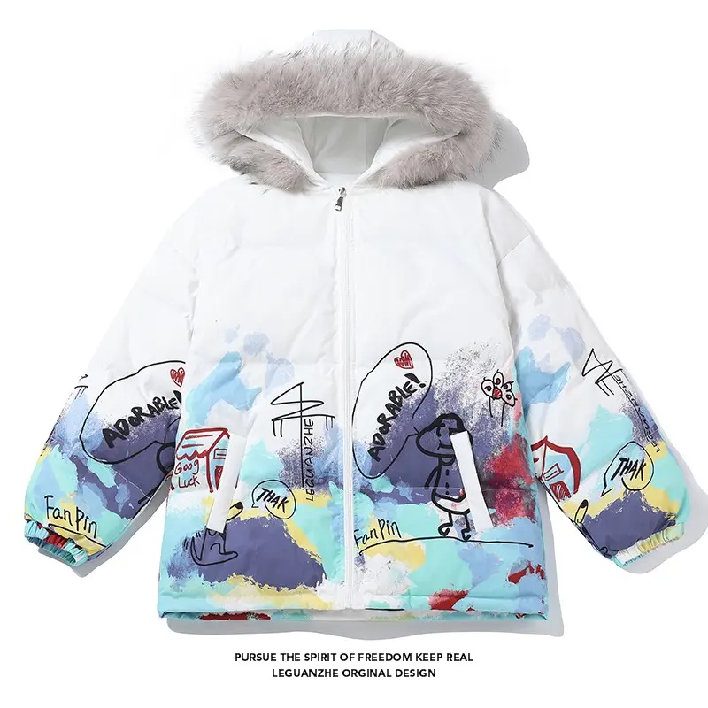 Women's Winter Graffiti Print Padded Coat, Leather Collar Oversized Cotton Retro Parker, Factory Direct Men's Option, Coats, Tops