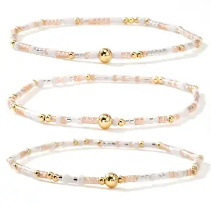 Dainty Gold Plated Tiny Ball Colorful Rice Beaded Stack Bracelets Sets for Women,4Pcs Stackable Small Beads Cute Bracelet Stretch Trendy Ball Jewelry Friendship Gift