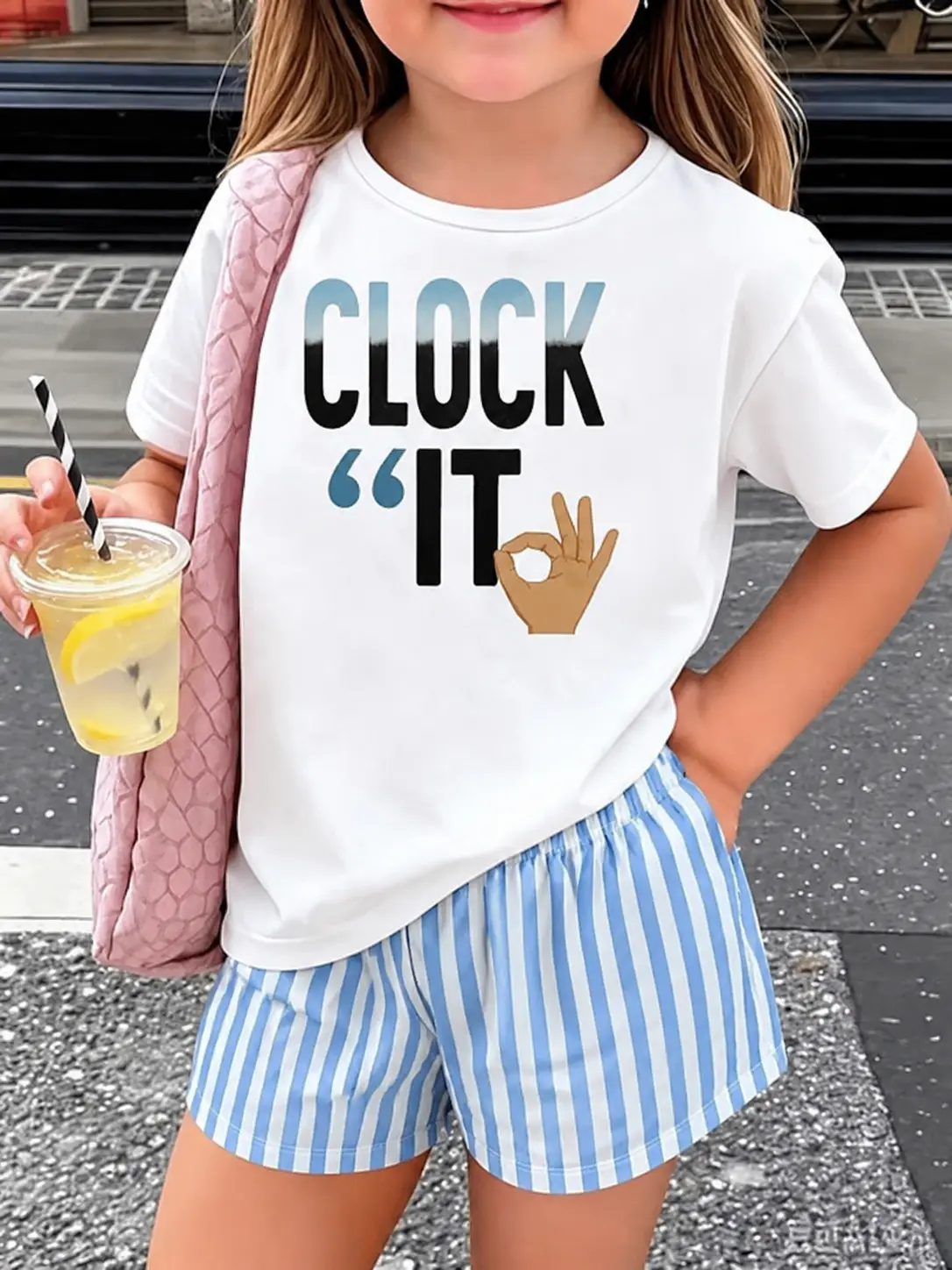Girls' Loose Fitting Crew Neck 2-Piece Short-Sleeve Polyester Blend Set - Kids Clothing, Teen Girls Back-to-School Everyday Wear with "It's OK" Handprint Design, Kids Clothing Girls, Teen Girls Clothes