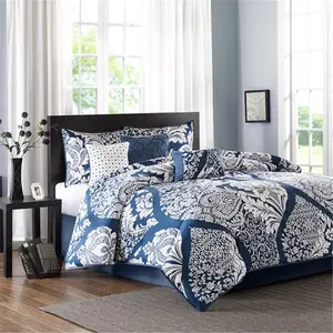 212 MAIN Vienna Series MP10-3831 100% Cotton Printed 7-Piece Quilt Bedding Set - Indigo Cal King, Contemporary Mix, Leaf Motif, Tufted Pillows, Decorative Bedding Set