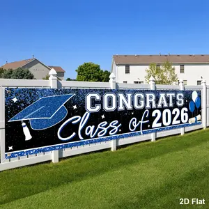 1pc Large Graduation Banner, 200*40cm Class Of 2026 Congrats Grad Yard Sign. Blue White/Black Gold/Black White Gold. 2D flat hanging welcome sign for graduation party, fence, garage, garden, porch, backdrop, home wall & room decor.