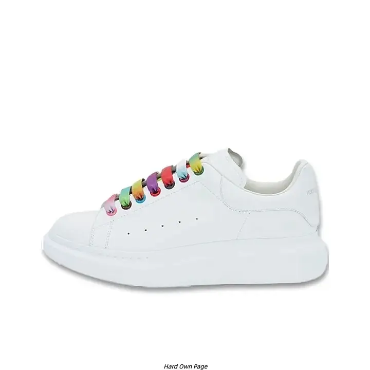 White Leather Platform Casual Skate Sneakers Unisex, Rainbow Gradient Wide Laces Low Top Walking Shoes, 4cm Hidden Height Increase Shock Absorb Non-Slip Rubber Sole Couple Daily Trainers