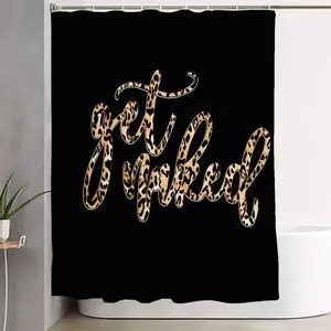 1/4pcs Stylish Black Printed Shower Curtain Set with "Get Naked" Cursive Text and Leopard Print, Perfect for Modern Bathrooms, Bathroom Decoration Accessories - Includes Matching Bath Mats and Toilet Lid Covers for a Chic and Cozy Home Decor Upgrade