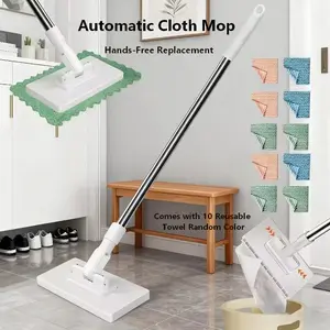 No-Wash Mop Uses Disposable Face Towel, Automatic Cloth Mop,Hands-Free Replacement, Dry & Wet Multi Surface Floor Cleaning Tool for Bathroom Cleaning,CleanTok Home Essentials,Comes with 10 Microfiber Mop Pads Household , Random Color, Kitchen Wall Mop