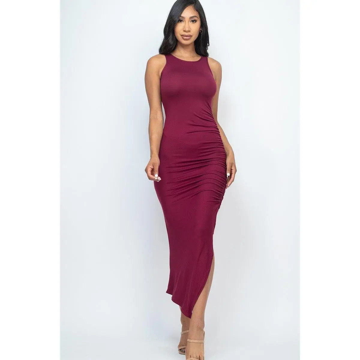 Sleeveless Ruched Side Split Maxi Dress