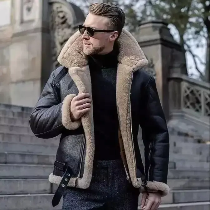 Men's B3 RAF Bomber Black Aviator Flying Fur Shearling Real Leather Jacket Coat Faux Tops Long Sleeve Casual Menswear