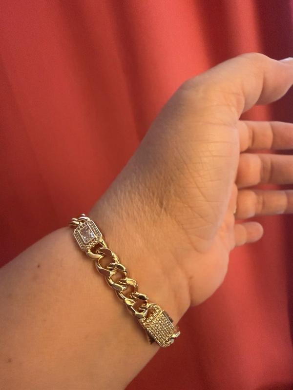 Gold Color Chain Bracelet with Square Pendant and Rhinestones