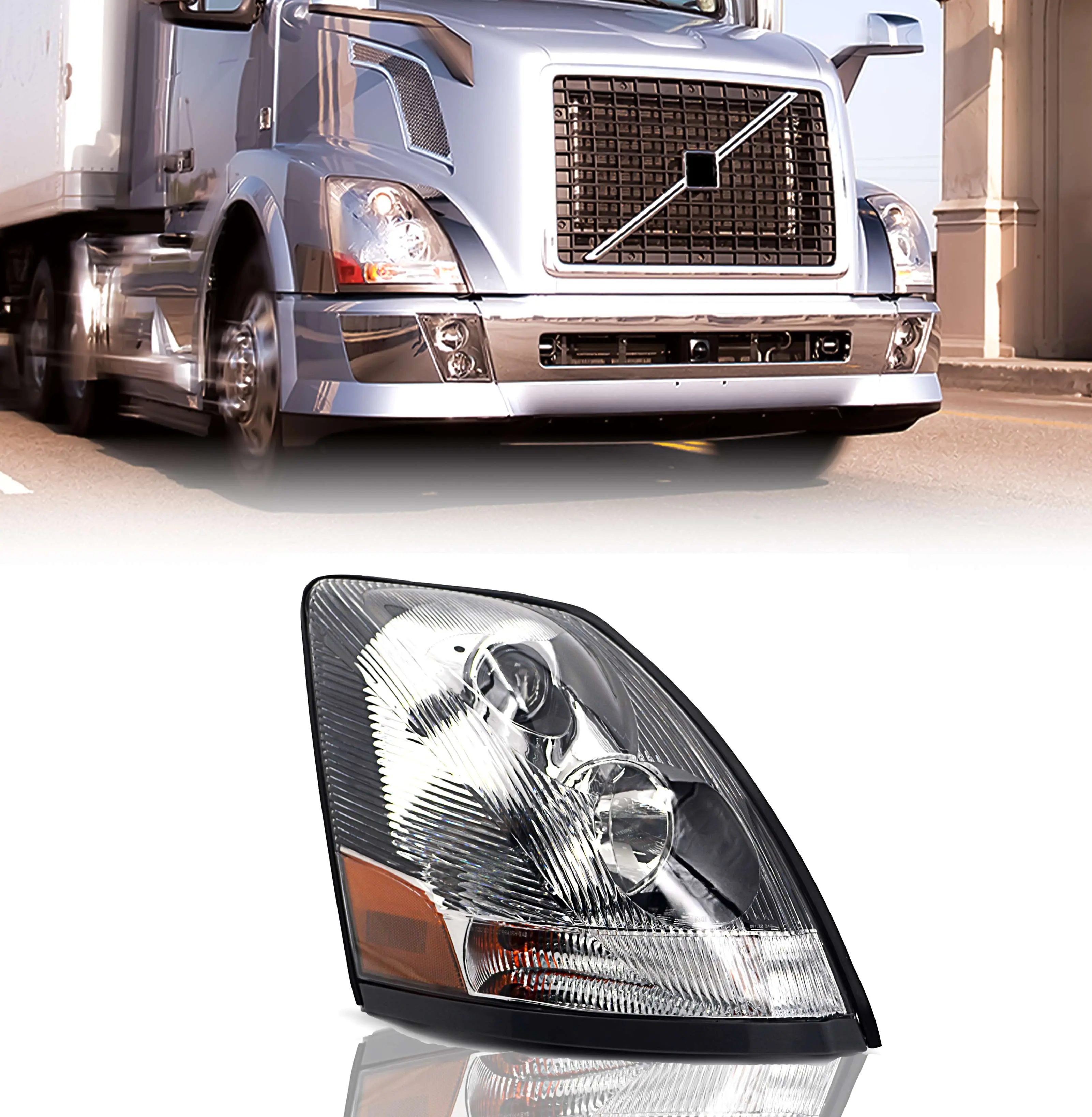 Torque Chrome Headlight Passenger Right Side Replacement for 2004-2017 Volvo VNL semi Trucks [Included All Bulbs] Clear Lens Assembly DOT SAE Approved Headlamp RH (TR063-R)