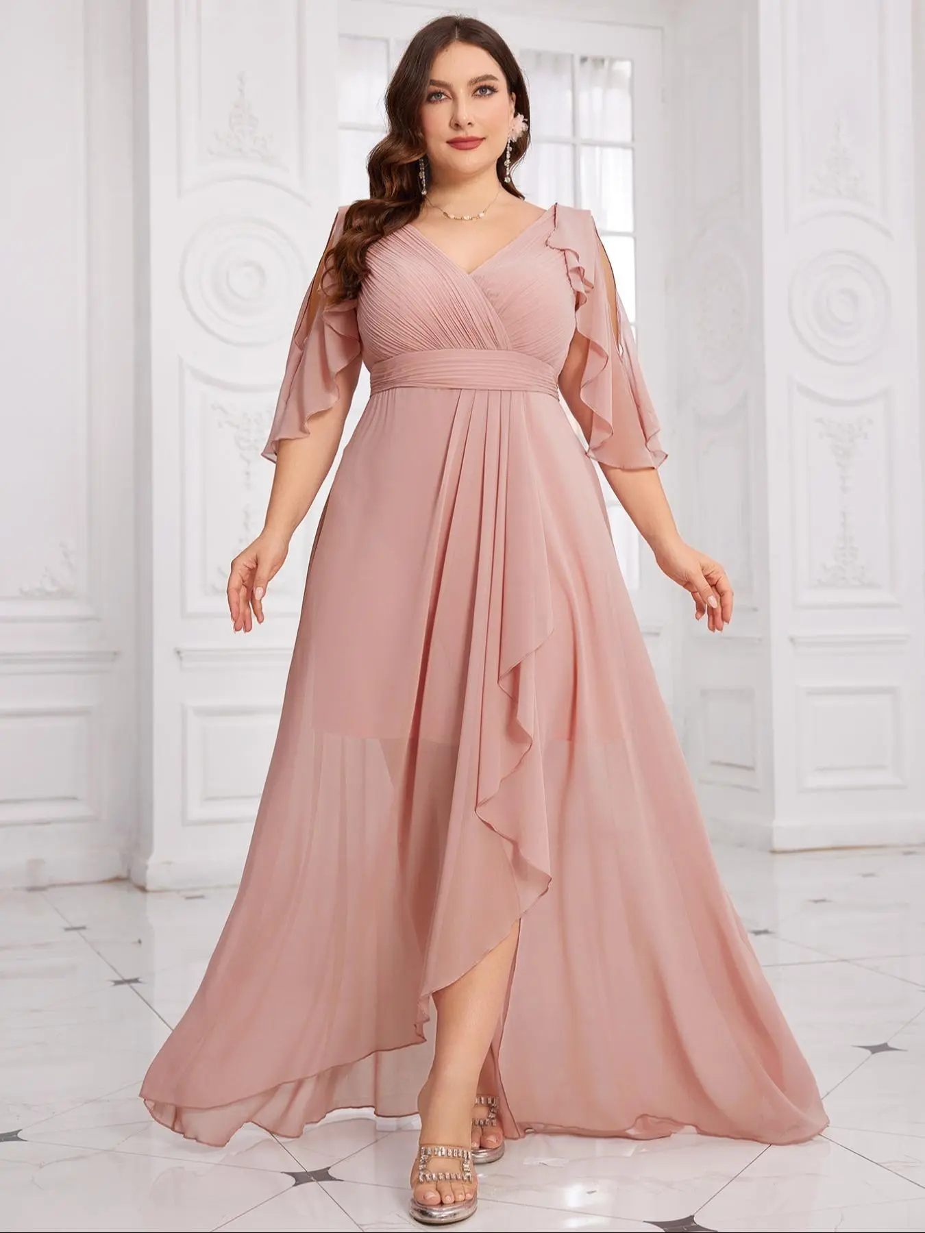 [Plus Size] Plain Ruffle Trim Wrap Chiffon Maxi Dress, Elegant Chic V Neck Flounce Sleeve A Line Formal Mother of Bride Dress Hides Tummy Dress for Party Wedding Guest, Dresses for Wedding, Womenswear for All Seasons, Tummy Hiding Wedding Guest Dress
