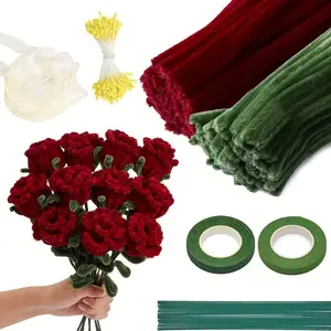 400pcs Rose Flower Bouquet Set, Artificial Roses Bouquet, Diy Fake Flowers, Pipe Cleaner Craft Set, 2 Colors, Includes Chenille Stems, White Ribbon, Tape, Floral Wires, Glue Sticks, Suitable for DIY Flower Making, Party Decorations, Wedding Favors