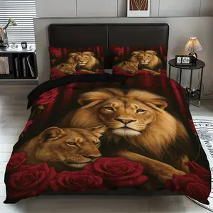 3-Piece Bedroom Decorative Bedding Set (quilt Cover + 2 Pillowcases), Lion & Rose Print, Soft Comfortable, Zipper Closure, Queen/king Size, Bed Sets
