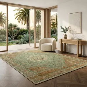 Vintage Green & Orange Distressed Area Rug, Ultra Soft & Easy to Clean, Perfect for Living Room, Bedroom, Dining Room & Home Office, Non-Shedding Low Pile Carpet, Classic Boho Design Fits All Styles, Pet & Kid Friendly, Home Decor Rug