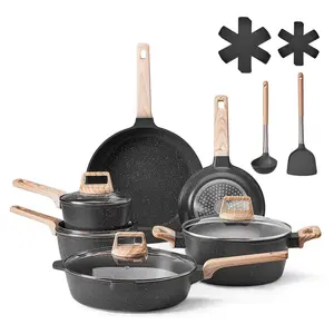 VEVOR 17 Piece Pots and Pans Set Nonstick,  , Granite Cookware Set, Induction Cookwares, Kitchen RV Cooking Sets with Frying, Sauce, Saute, Tempered Glass Lids, and Pan Protectors, Black