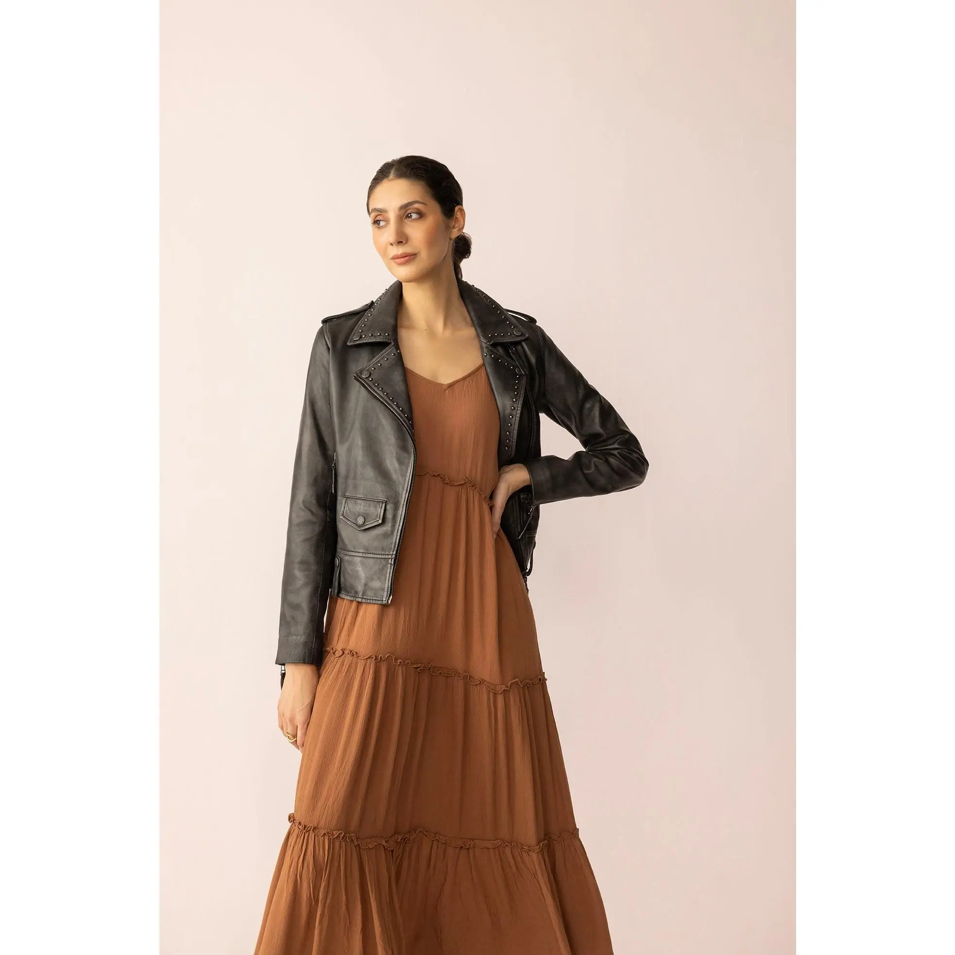 Women's Lamb Leather Biker Moto Jacket with Asymmetrical Zip and Snap Lapels - Rockstar Aesthetic for Western OOTD, Coats, Punk Style, Full Sleeves, Artisanal Craftsmanship, Structured, Belted, Biker Jacket, Zipper