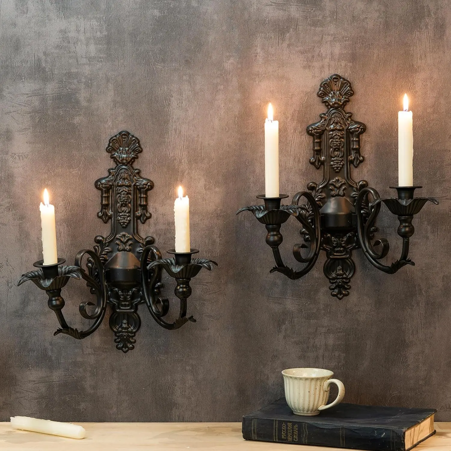 Miganest 2-Piece Vintage Tapered Wall-Mount Metal Sconces - Rustic Black Candle Holders, Room Decor for Living Room, Kitchen, Office, Wardrobe, Garage