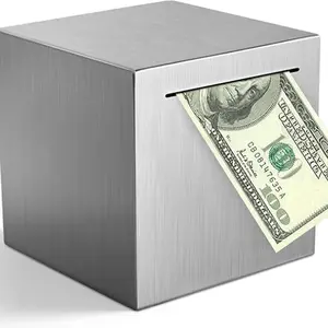 Durable Stainless Steel Cube Piggy Bank for Adults - 4.7 in Break-to-Open Cash Saving Box with Money & Note Storage, Home Decor Ornament & Gift Idea