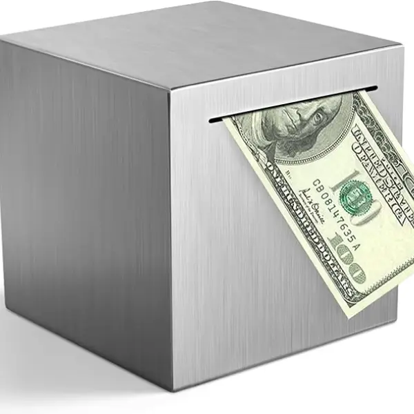 Durable Stainless Steel Cube Piggy Bank for Adults - 4.7 in Break-to-Open Cash Saving Box with Money & Note Storage, Home Decor Ornament & Gift Idea