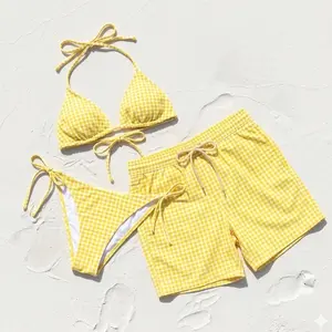 [MATCHING SWIMWEAR SET - EXTREMELY HOT] A checkered swimsuit set, including a yellow striped bikini and swim bottoms, a memorable gift for your vacation.