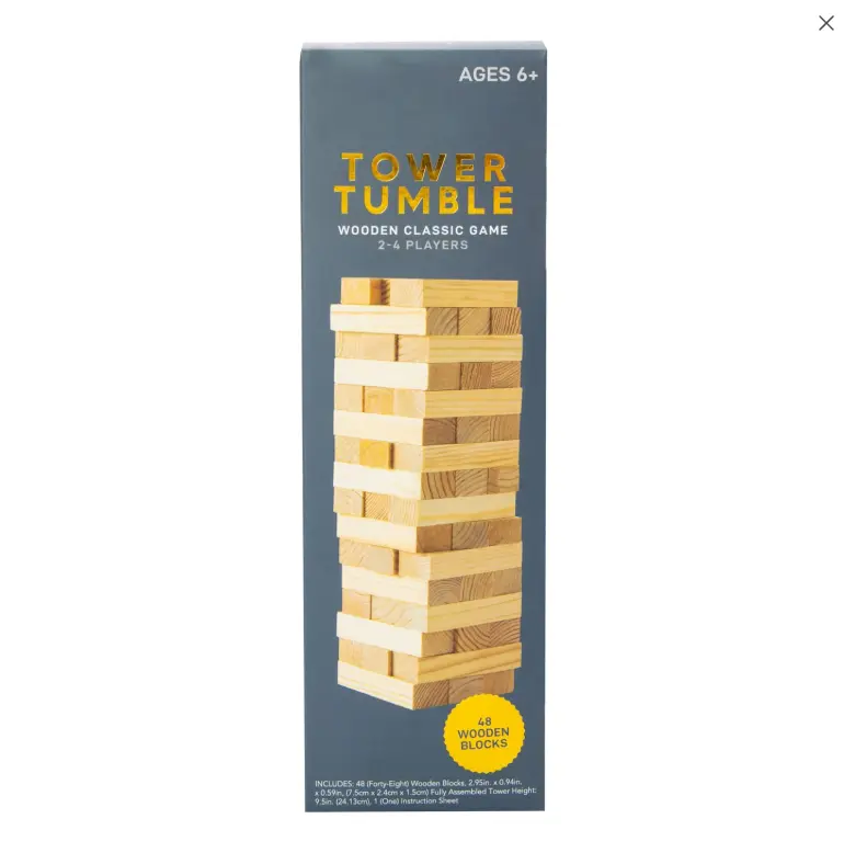 Tower Tumble Wooden Classic Game - Classic Wooden Stacking Fun for 2-4 Players Ages 6+ with 16 Wooden Blocks