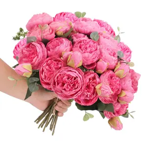DEEMEI Artificial Pink Peony Red Forever Silk Flower Peonies Bouquet Flowers ,4 Bundles Fake Bulk