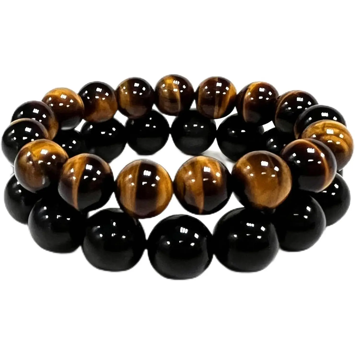 Unisex Crystal Healing Bracelet with Natural Tiger's Eye & Obsidian Beads, 10-13mm Handmade Stretch Jewelry Gift for Holidays, Elasticized, Natural Obsidian, Unisex Names, Protection, Strength, 10/12/13Mm