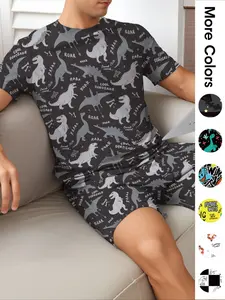Men's Cartoon Dinosaur Print Tee & Shorts Pajama Two-piece Set, Pjs Regular Fit Casual Comfy Round Neck Short Sleeve T-shirt & Shorts, Men's Sleepwear & Loungewear for Summer