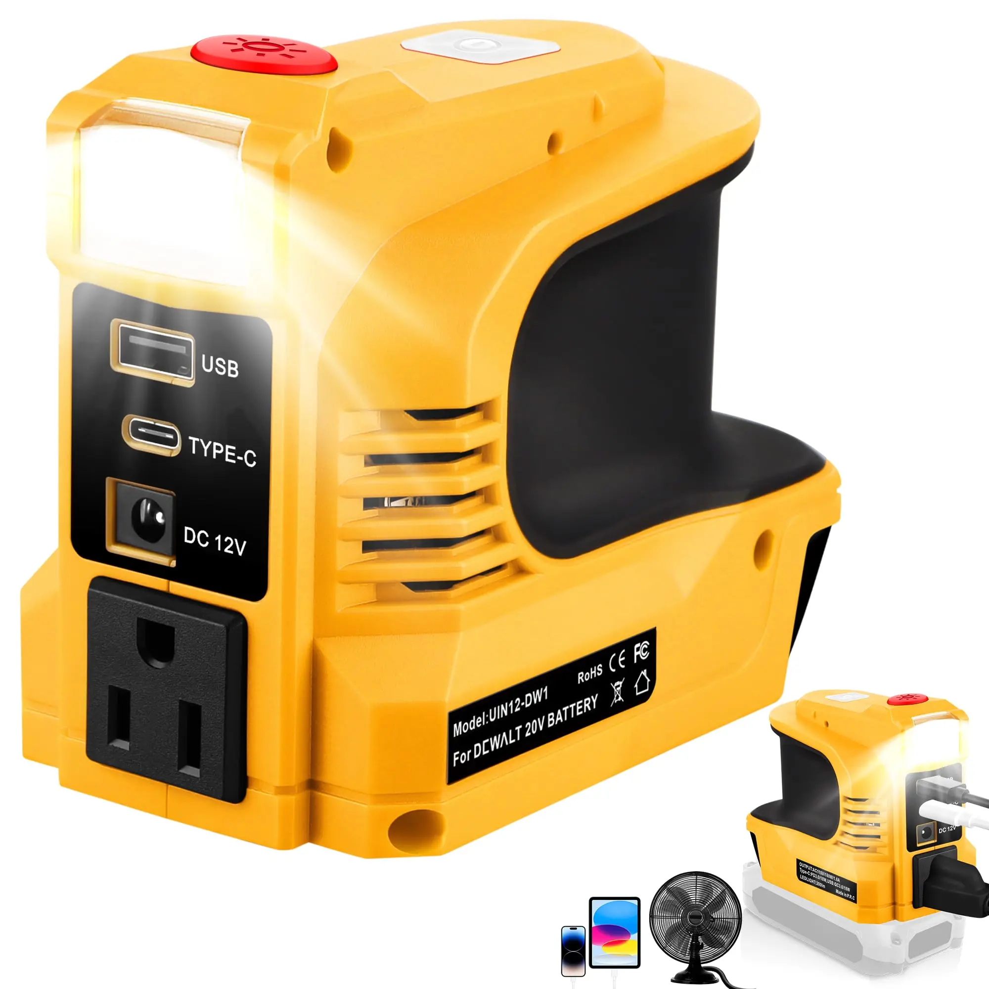 TPDL 220W Power Inverter for DeWalt 20V Rechargeable Battery Operated Portable Power Supply - DC 20V to 110V~120V Converter, Fireproof ABS Safe, 12V DC, USB-B, USB-C, LED Light for Job Sites Stay Powered, Outdoor Use, Outdoor Battery Power Supplies