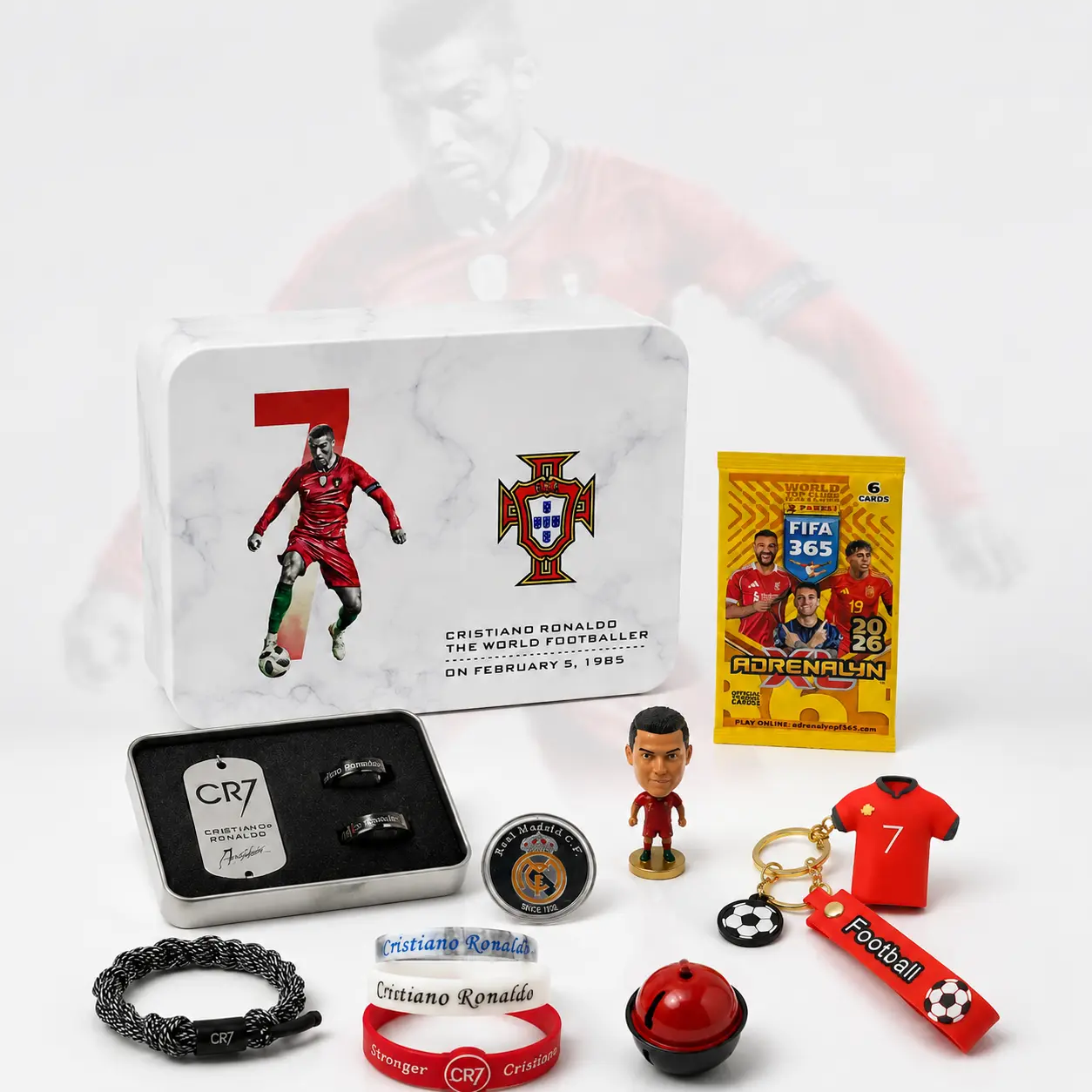 CR7 Football Legend 12-Piece Fan Gift Box - Premium Sports Collectible No.7 Memorabilia Set with Action Figure, Collector's Coin, Multi-Pack Rings, 5 Silicone Wristbands & Accessories