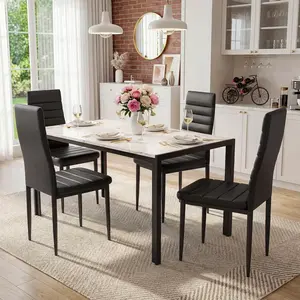 5-Piece Dining Table Set for 4, Faux Marble Rectangular Kitchen Table, 4 PU Leather Padded Chairs, Metal Frame White & Black Dining Room Furniture, Easy Assembly, Small Space Apartment Friendly
