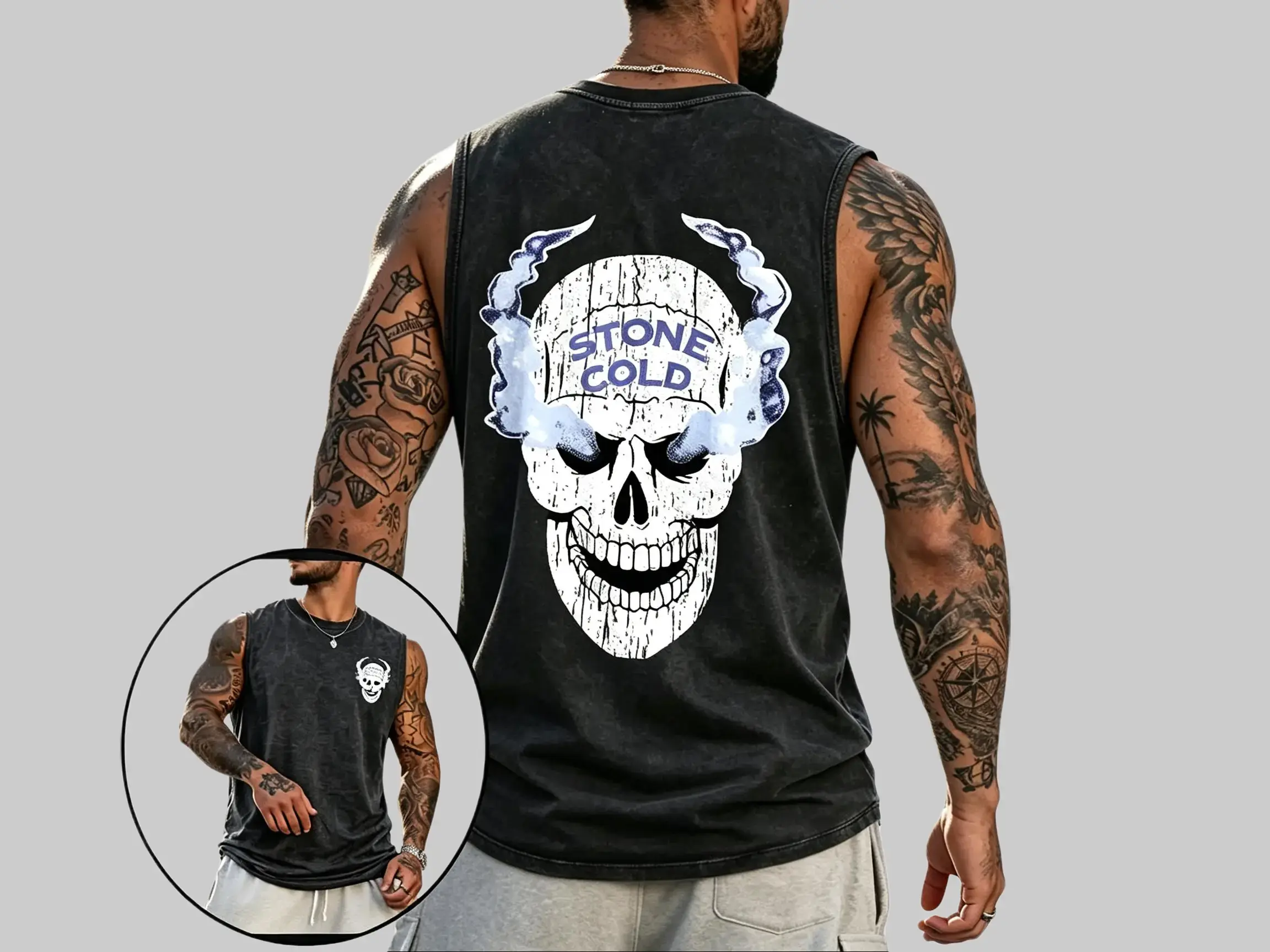 Vintage Acid Washed Sleeveless Tank Top, Double Side Skull Smoke Letter Graphic Print Loose Fit Casual Vest, Retro Grunge Workout Gym Sports Top, Breathable Unisex Daily Streetwear Basic Tank Ideal Gift For Men Women street