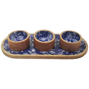 Temp-tations Floral Lace Set of (3) Wood Ramekins with Elongated Tray