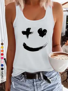 Women's Smile Face Print Round Neck, Casual Chic Sleeveless, Casual Sleeveless Top for Summer, Ladies Clothes for Daily Wear, Socks