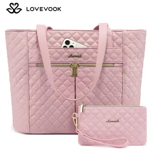 LOVEVOOK Laptop Bag, Women's Quilted Shoulder Bag, Large Capacity Tote with Small Pouch, Stylish Briefcase Suitable for Nurses, Teachers, Professional Women