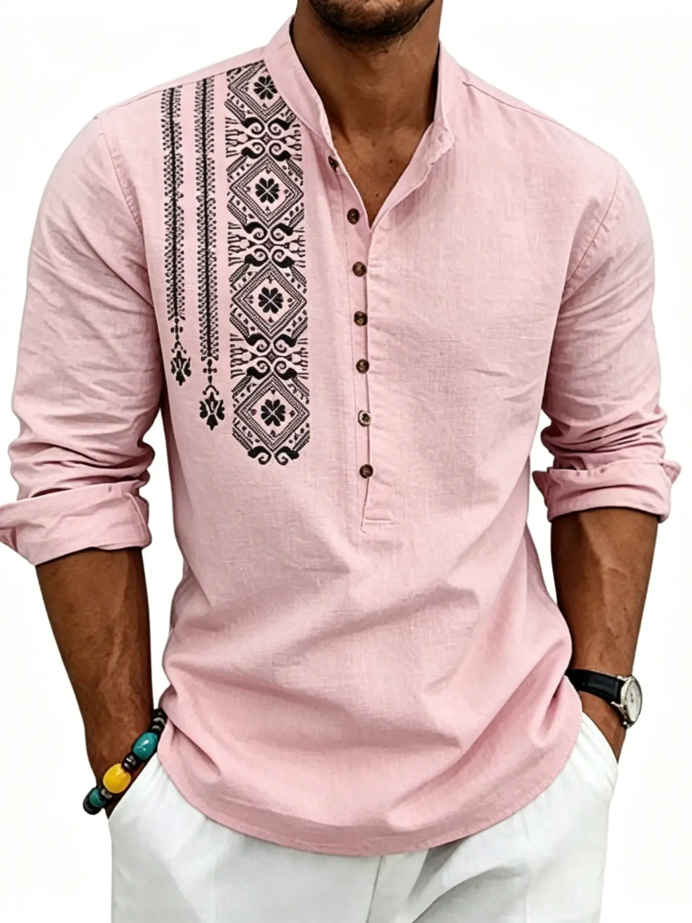 Men's Bohemian Long Sleeve Linen Shirt, Casual Boho Shirt, Loose Fit Henry Collar Ethnic Print Casual Top, Breathable Summer Vacation Daily Wear
