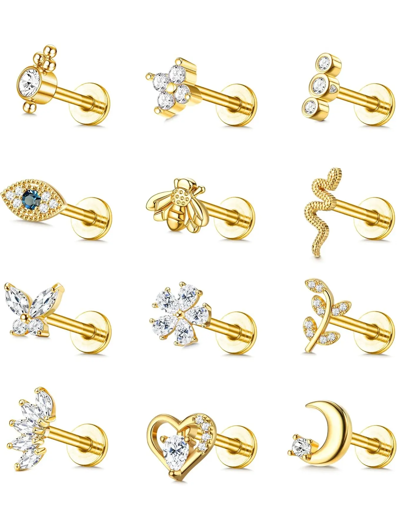 12Pcs 16G Cartilage Earrings for Women Helix Earrings Piercing Tragus Earrings Ear Piercing Evil Eye Butterfly Moon Earrings Set Piercing Jewellery Body Piercing Jewelry
