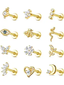 12Pcs 16G Cartilage Earrings for Women Flat Back Earrings Helix Earrings Piercing Tragus Earrings Ear Piercing Evil Eye Butterfly Moon Earrings Set High Quality Jewelry Piercing Jewellery