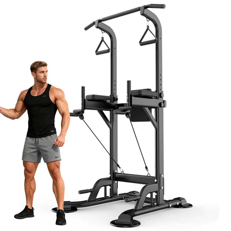 Power Tower Dip Station Pull Up Bar, 32.3in H-Shaped Base, Height Adjustable 10 Levels, 330lbs Capacity, Multi-Level Suction Cups, Home Fitness Use Whole Body Strength Training Equipment
