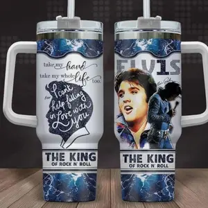 The King Of Rock N'Roll 40oz 30oz Tumbler With Handle, Rock And Roll Tumbler, Guitar And Photo Collage Stainless Steel Cup, Gift for Rock Lover