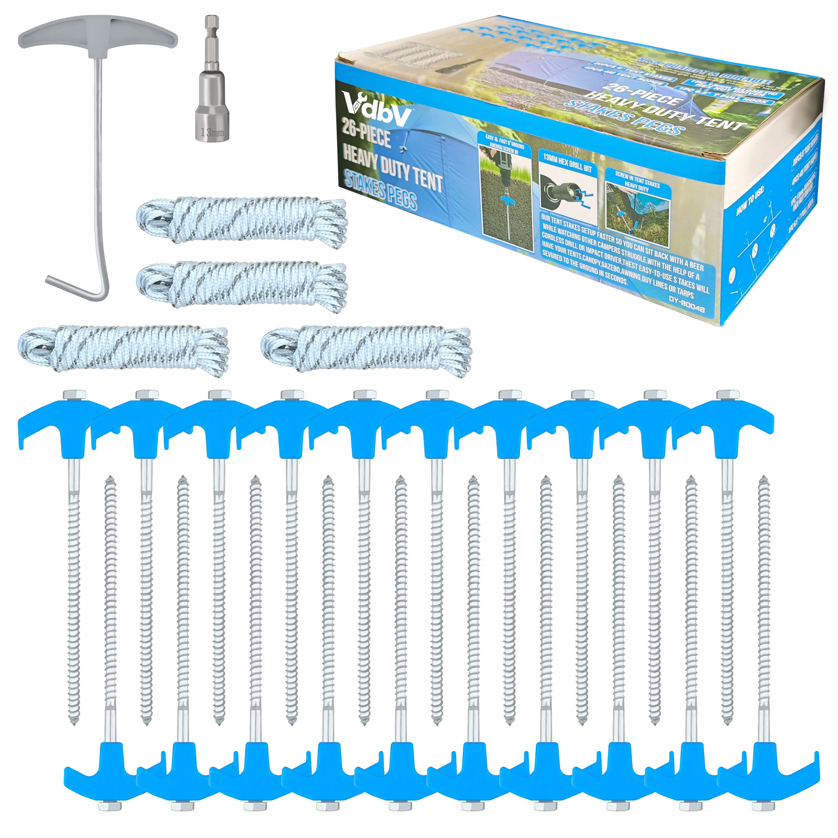 Heavy-Duty Threaded Tent Stakes Kit, 26-Piece Drill-In Ground Anchor Set with 20x8in Stakes, 4x13ft Ropes, T-Bar Puller, Magnetic Hex Driver for Camping, Backpacking Gear, Heavy-Duty Stakes