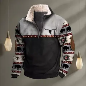 Mens Western Fleece Jacket Cowboy Bull Head Print Pullover 1/4 Zip Up Stand Collar Country Sweatshirts Western Gifts for Men