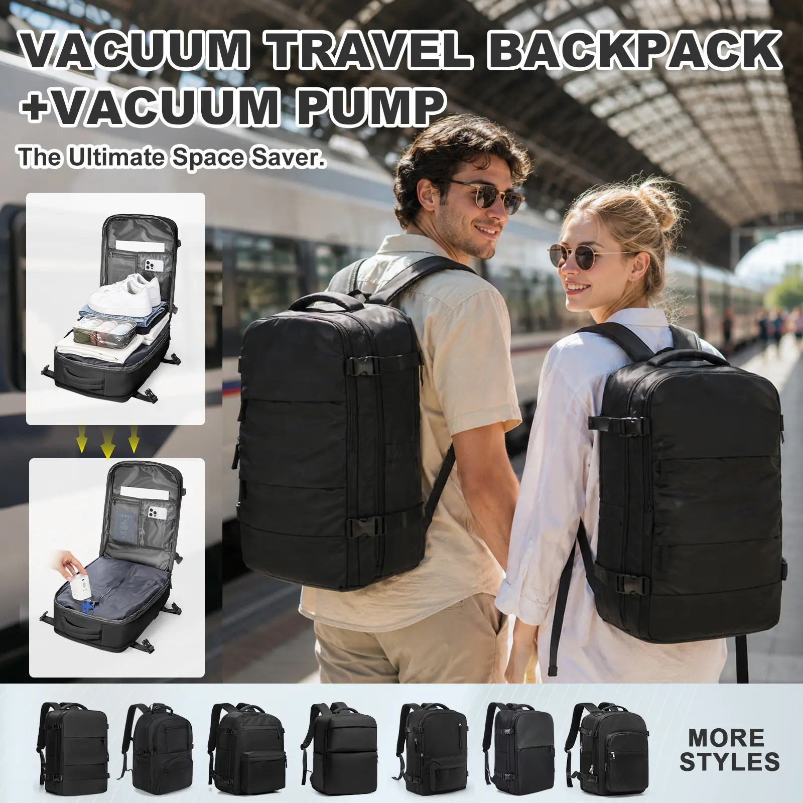 Vacuum travel backpack with pump, personal carry-on approved for flight  for women and men, compression work bag for laptop and casual backpack, available in black, green, and gray.